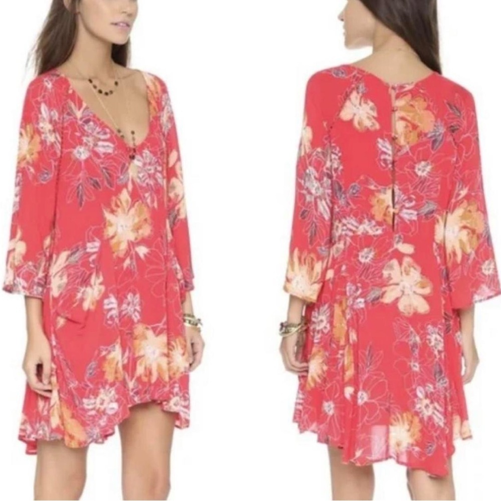 Free People Red Floral V-Neck Swing Dress